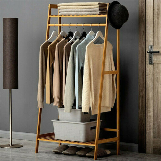 Unho - Bamboo Clothes Rail Rack Garment Stand with Top Shelf Shoe Storage Ladder Rails, Natural Wood