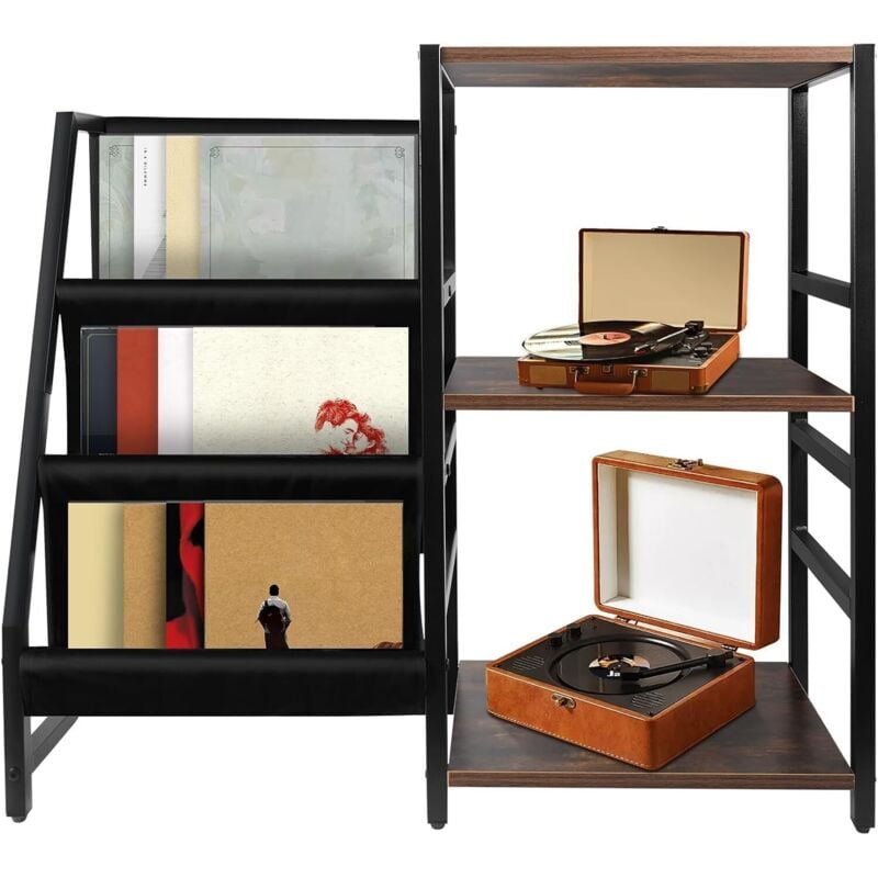 Youyijia 3-Tier Vinyl Record Storage Stand, Holds Up to 200 Albums, Turntable Stand with Vinyl Holder, Record Storage Cabinet, Brown Wood & Metal, 84