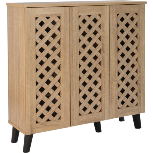 3 Door Shoe Cabinet With Lattice Doors Practical Storage Unit - Sonoma Oak