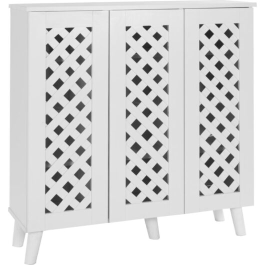 3 Door Shoe Cabinet With Lattice Doors Practical Storage Unit - White