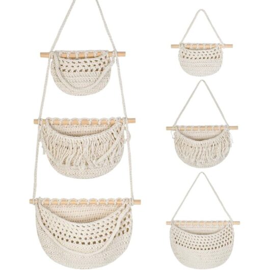 3-Tier Wall Hanging Storage Organizer, Cotton Linen Wall Hanging Bag with Rope, Over-the-Door Hanging Storage Baskets
