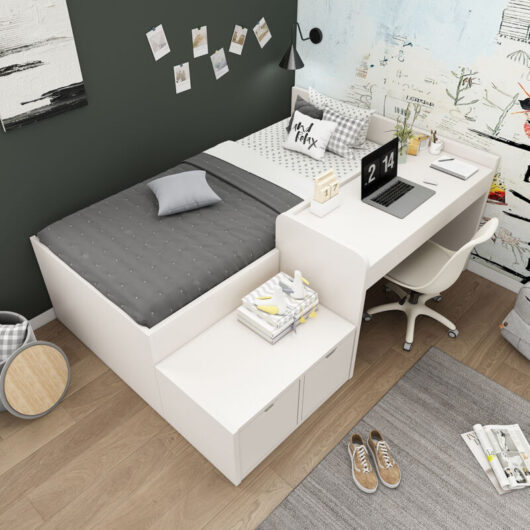 3ft Kids Single Bed with Desk and Drawers, with Storage, Single Bed with Slatted Frame, White, 90 x190cm (No Mattress)