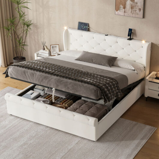 5ft King Velvet Upholstered Storage Bed with Hydraulic Lift, Diamond Tufted Headboard & Charging Station - USB/Type-C Ports & Reading Light, Beige