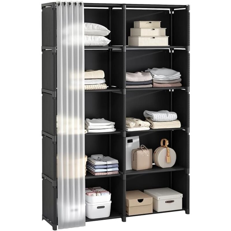 6-Tier Storage Shelf, Compartments with Curtains, Portable Bookcase, Black, Multifunctional Storage Cabinet, Ideal for Office, Bedroom and Bathroom.