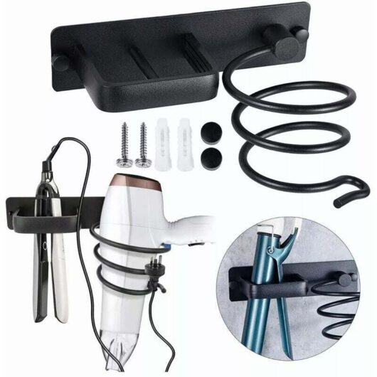 Aluminum Hair Dryer Holder with Wall-Mounted Cable Organizer for Hair Straighteners, Hairbrushes, and Hotel Bedrooms, Bathrooms, and Hair Salons