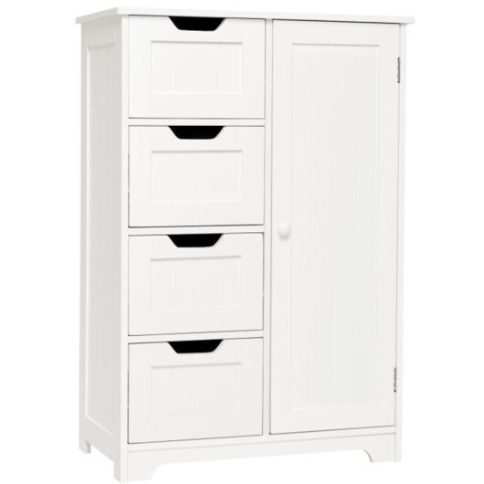 Bathroom Storage Cabinet with 4 Drawers & 1 Door, Modern & Functional Organiser with Adjustable Shelf, White, Mondeer
