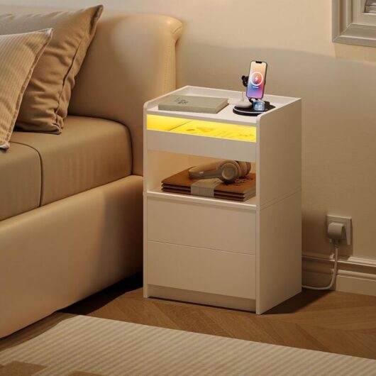 Bedside Table with Charging Station, End Table with 20-Color LED Lights, Nightstand with 1 AC Outlet, 2 USB Ports, 3 Drawers for Bedroom, Living