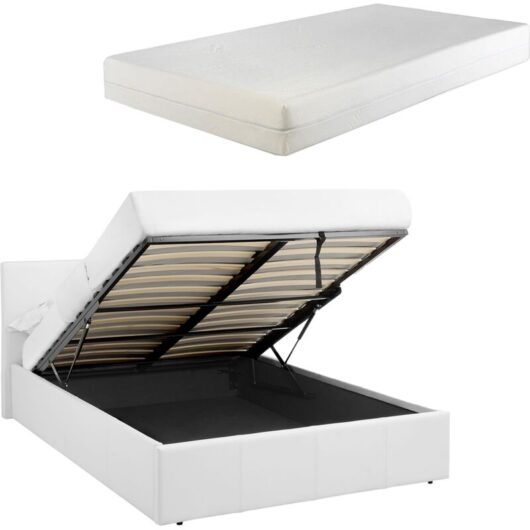 LUNA 3FT Single White Ottoman Storage Bed with Gas Lift & 15cm Thick Memory Foam Mattress