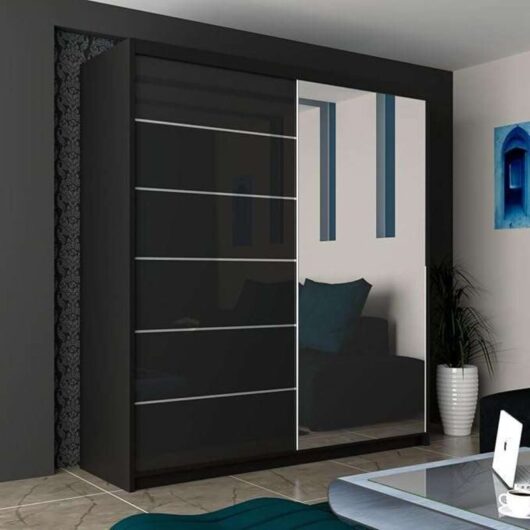 Modern 2-door High Gloss Wardrobe with Shelves, Hanging Rail, and Storage - Black 150cm
