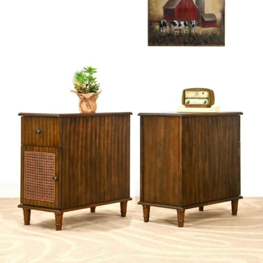 PADMA HOUSE 2 Set Narrow End Table with Drawer & Storage Cabinet, Vintage Slim Solid Wood Nightstand, Mid-Century Modern Bedside Table for Bedroom