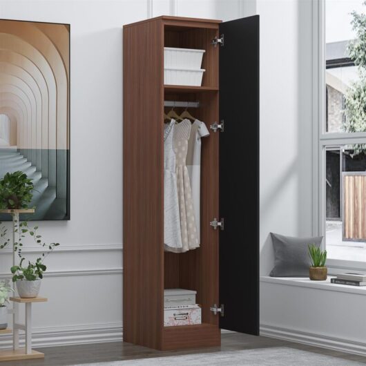 Reflect 1 Door High Gloss Wardrobe - Black Gloss & Walnut, Durable Melamine Finish - Modern Bedroom Storage - Single Door Wardrobe