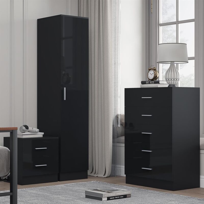 Reflect 1 Door Plain Wardrobe, 5 Drawer Chest, 2 Drawer Bedside - Black Gloss & Black Oak - Bedroom Furniture Set