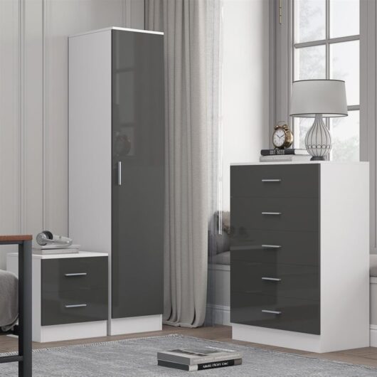 Reflect 1 Door Plain Wardrobe, 5 Drawer Chest, 2 Drawer Bedside - Grey Gloss & Matt White - Bedroom Furniture Set