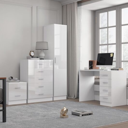 Reflect 1 Door Plain Wardrobe, 5 Drawer Chest, 2 Drawer Bedside & Desk - White Gloss & Matt White - Bedroom Furniture Set
