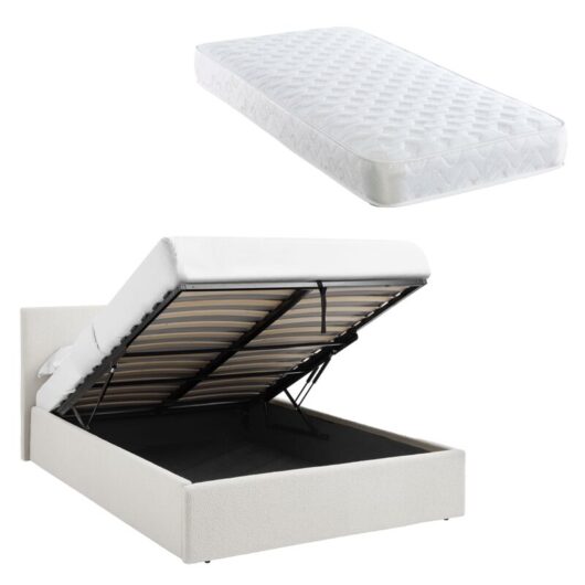 TEDDY BOUCLE 3FT Single White Ottoman Storage Bed Gas Lift Up (3ft) with Bonnell Spring Mattress