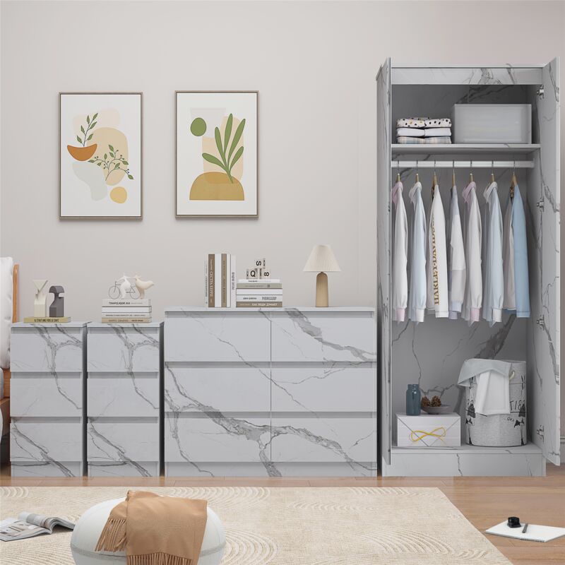 ZITA White Marble Effect 4 Piece Bedroom Set - Wardrobe, 6 Drawer Chest & 2 Bedside Tables, Stylish Bedroom Furniture