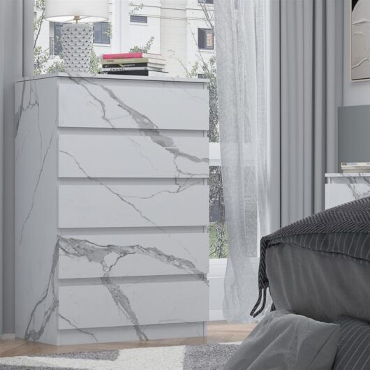 ZITA White Marble Effect 5 Drawer Chest - Modern Storage Unit, Stylish Bedroom Storage