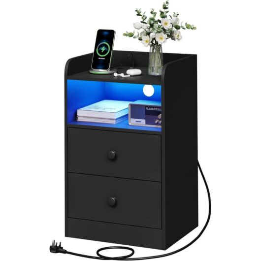1x Bedside Table,3-tier Nightstand,LED Bedside Cabinet,Side Cabinet for Bedroom Living Room, Black - Woltu