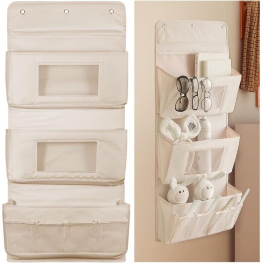 3-Tier Over-the-Door Storage Organizer - Wall-Hanging Storage Bag with Mesh Pockets and 3 Adhesive Hooks for Bedroom, Bathroom, Closet - Beige