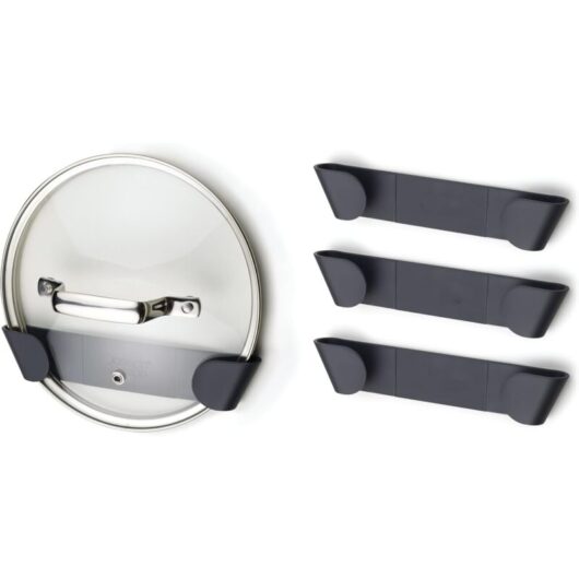 4 wall-mounted storage racks for pot lids, self-adhesive, attaches to cupboard doors, organizes the kitchen
