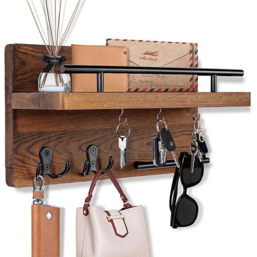 7-hook key holder board with tray, wooden wall coat rack, ideal for hallway, entryway, bedroom, or office