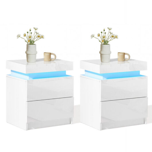 CLIPOP 2 Drawers Bedside Table, White High Gloss Front Bedside Table with LED Lights and Top Storage Cabinet, Modern Nightstand Cabinet for Bedroom