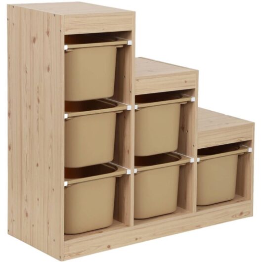 Children's storage unit staircase 6 storage bins natural wood decor and beige - Sora