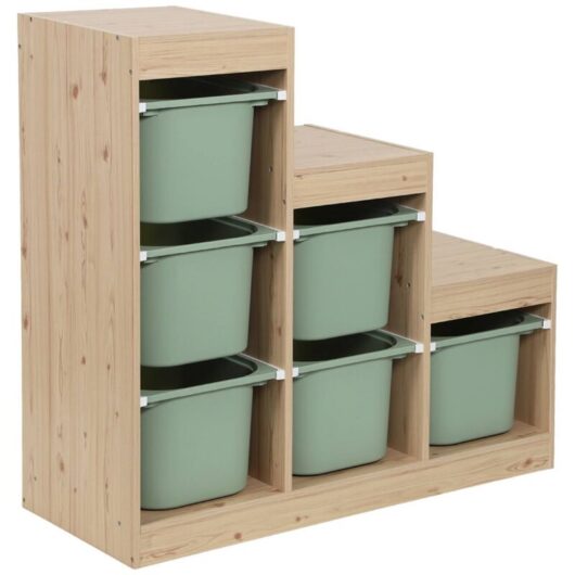 Children's storage unit staircase 6 storage bins natural wood decor and sage green - Sora