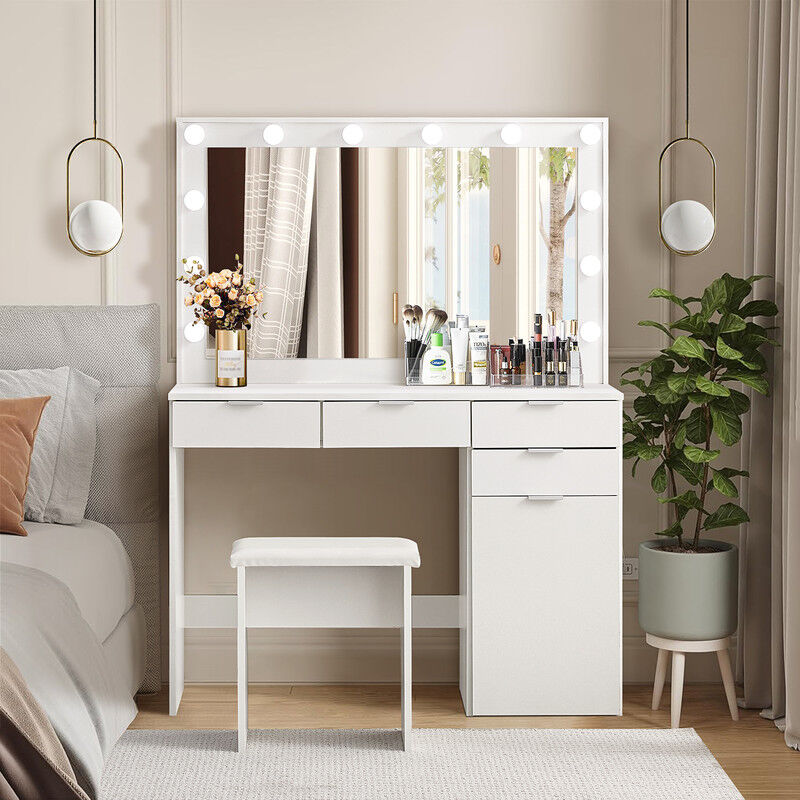 Clipop - White Large Dressing Table with led Light Mirror and Stool, Vanity Makeup Table w/ 4 Drawers 1 Closed Storage, Bedroom Makeup Desk Dresser