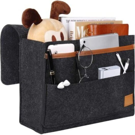 Dark Grey Glasses-Caddy Organizer, Felt Bedside Caddy Bed Pocket Storage Bag for Phone, Remote Control, Newspaper, Pen, Magazine, Glasses
