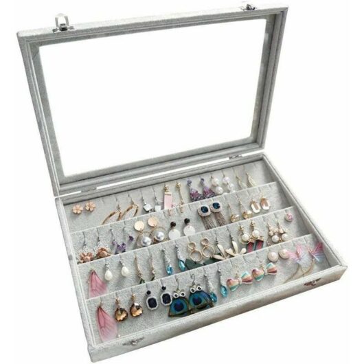 Earrings Organiser, Velvet Clear Lid Earring Holder & 32 Pairs Earrings Storage Box, Jewellery Boxes Display Showcase Case Lockable, 13.78'(L) x