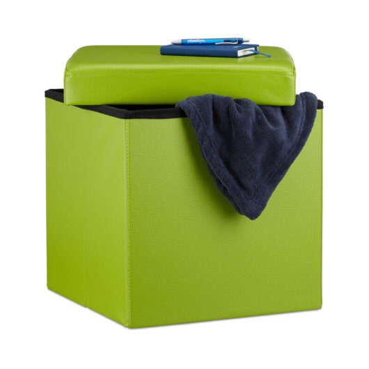 Folding Ottoman 38 x 38 x 38 cm Sturdy Storage Chair Pouffe and Footstool, Faux Leather Box, Removable Lid, Green - Relaxdays