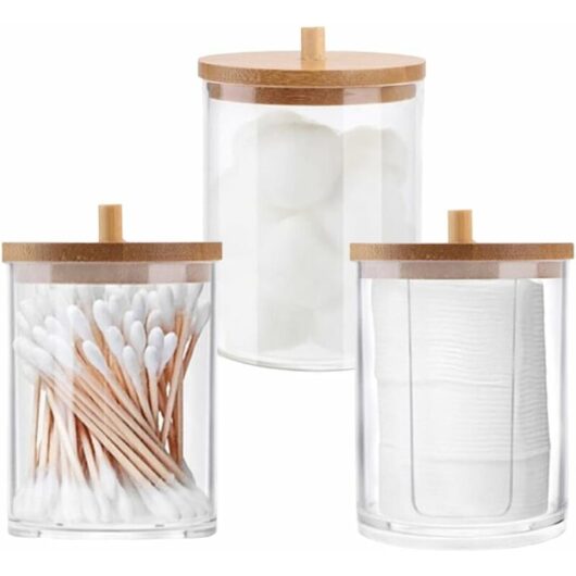 Héloise - 3 Pieces Cotton Swabs Organizer Box Cotton Swab Dispenser Cylinder Holder Storage for Cotton Balls Clear Storage Tank with Bamboo Lids