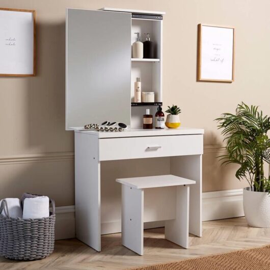 Home Source - White Dressing Table Set With Sliding Storage Vanity Mirror and Stool
