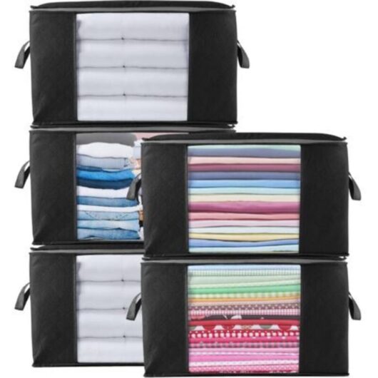 Large Clothes Storage Box in Thick Non-Woven Fabric, Foldable Organizers with Handle for Quilt Bedding Blankets Pillows Toys, Black