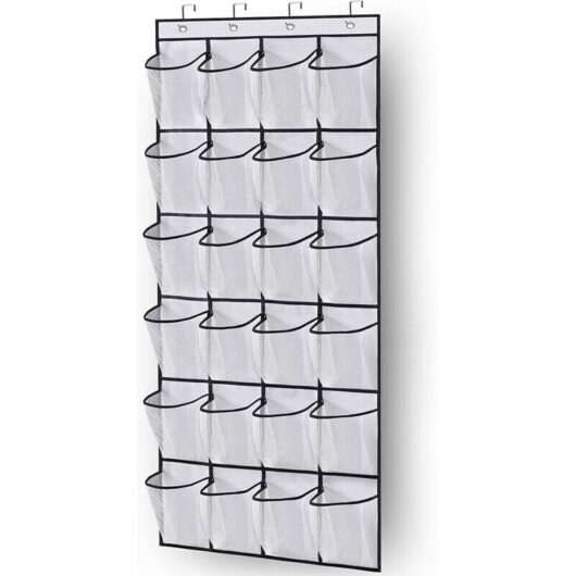 Over-the-door shoe organizer, space-saving shoe storage with 24 pockets and 3 hooks for kitchen, closet, or bedroom, white