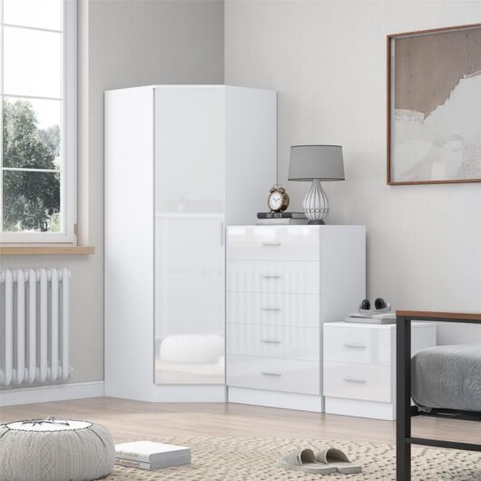 Reflect 1 Door Corner Wardrobe, 5 Drawer Chest, 2 Drawer Bedside - White Gloss & Matt White - Bedroom Furniture Set