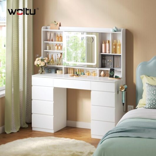WOLTU Modern Sliding Mirror Dressing Table 9 Drawers Bedroom Makeup Desk Vanity Table and LED Mirror Lights and Power Strip White