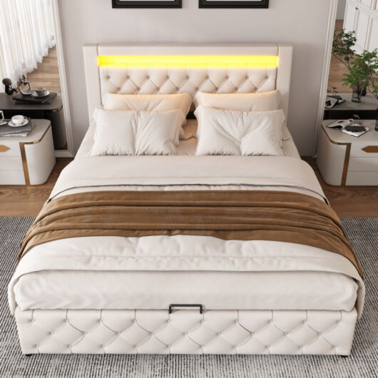 150x200cm Upholstered Bed with Slatted Frame,Storage Space,and Color-Changing LED Lighting,White PU