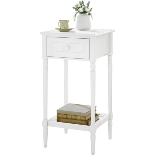 1x Slim Bedside Table, Narrow Wooden Nightstand with Drawer & Shelf, Tall Telephone Table Hallway Side Table, White - Woltu