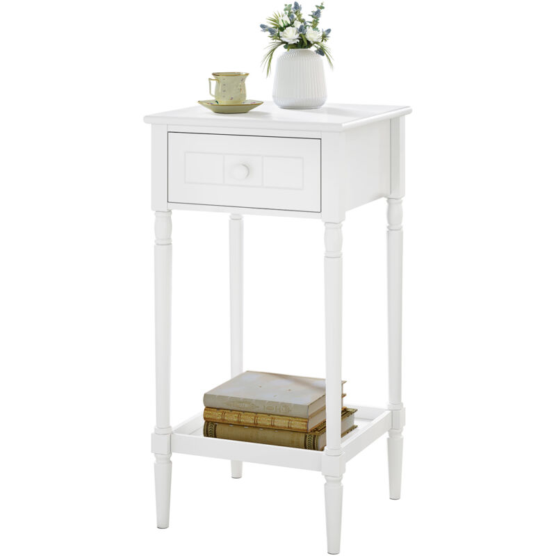 1x Slim Bedside Table, Narrow Wooden Nightstand with Drawer & Shelf, Tall Telephone Table Hallway Side Table, White - Woltu