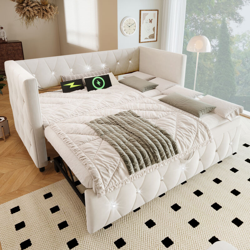 3FT Daybed Single Upholstered Bed Sofa Bed with usb &Type c Charging, with Trundle, Pull out Trundle for Living Room and Bedroom, Velvet , 90x190cm,