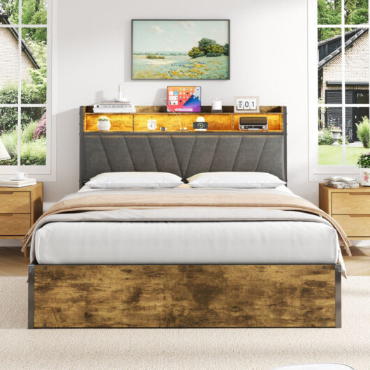 4ft6 Double Bed Frame with Hydraulic Storage,RGB LED Storage Headboard with Charging Station,USB and Type-C Ports,No Box Spring Needed,Easy