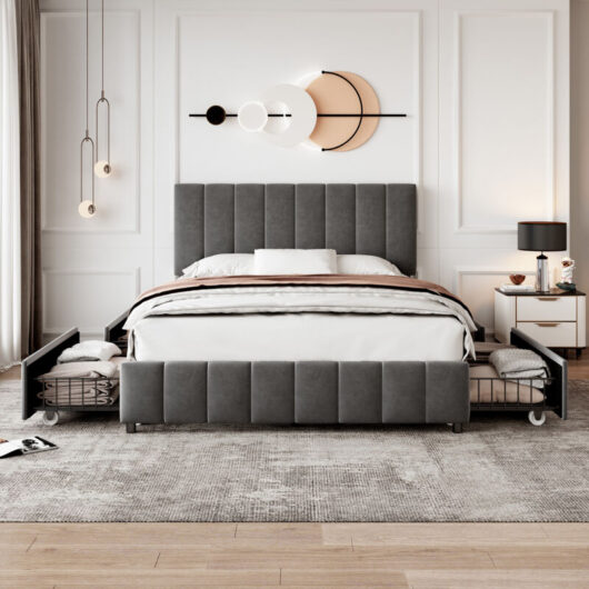 4ft6 Double Velvet Bed Frame with 4 Storage Drawers,Adjustable Tufted Headboard,Easy Assembly,Grey