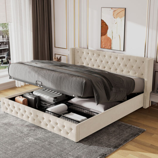 Beige Velvet Upholstered Hydraulic Storage Bed,150x200cm(Mattress Not Included)
