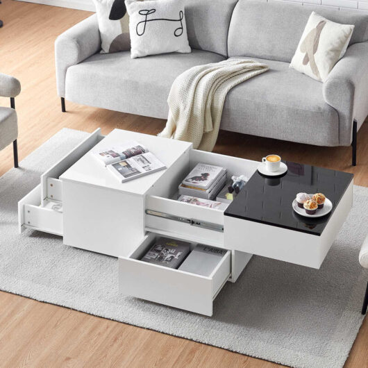Clipop - High-gloss tabletop coffee table Black and white patchwork Multi-drawer storage Silent glides