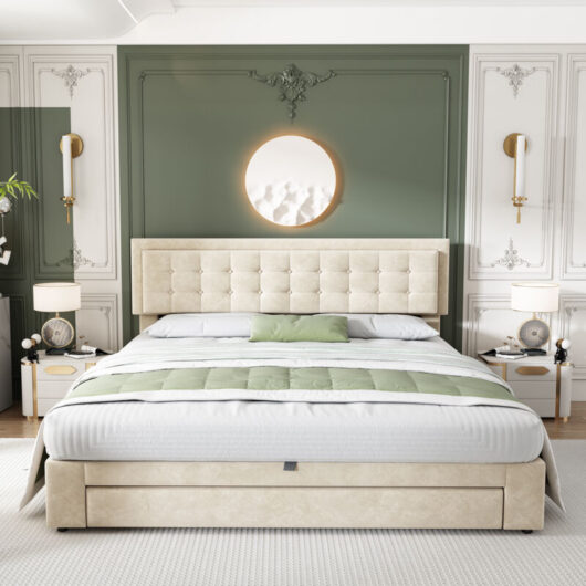 Cream Velvet Super King Size Upholstered Bed(6ft,180x200cm)with Storage,Slats,and Headboard