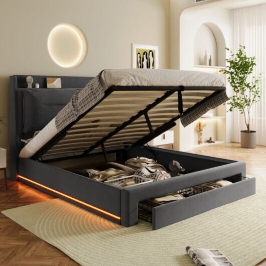 King Size Upholstered Bed 150x200cm with Hydraulic Storage,LED Lights,Slatted Frame,Dark Gray Velvet