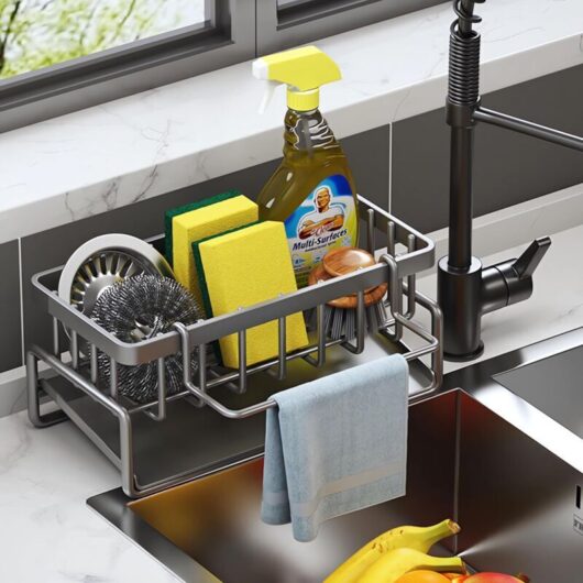 Kitchen Storage and Organization, Stainless Steel Sink Organizer with Automatic Drain Tray for Sponge Holder, Towel Holder, Great Bathroom
