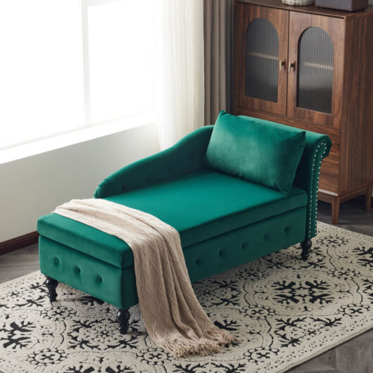Modern Velvet Chaise Lounge Sofa with Storage, Pillow, Nailhead Trim,Button-Tufted Design - Green
